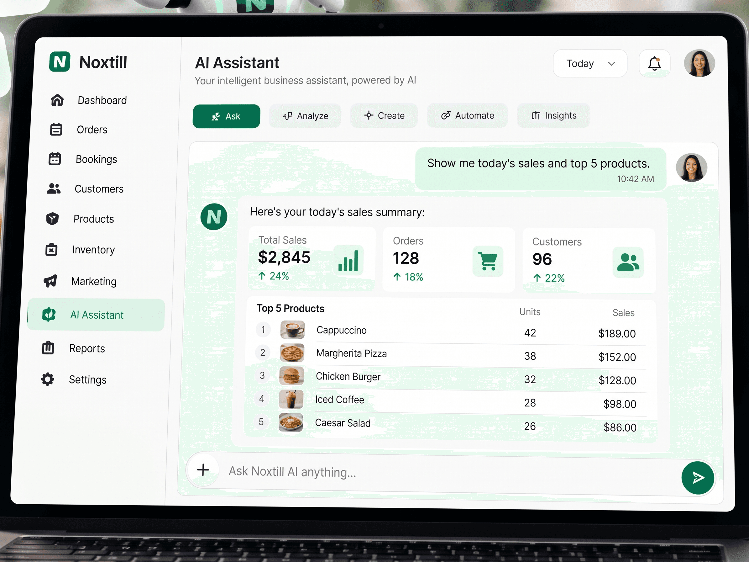 Asking the AI Assistant for today’s sales and top products