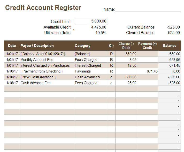 Credit account register template
