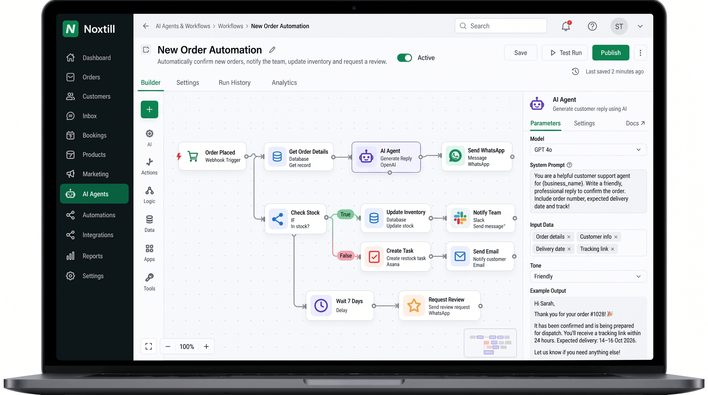 Noxtill workflow turning a call into a booking and a customer record