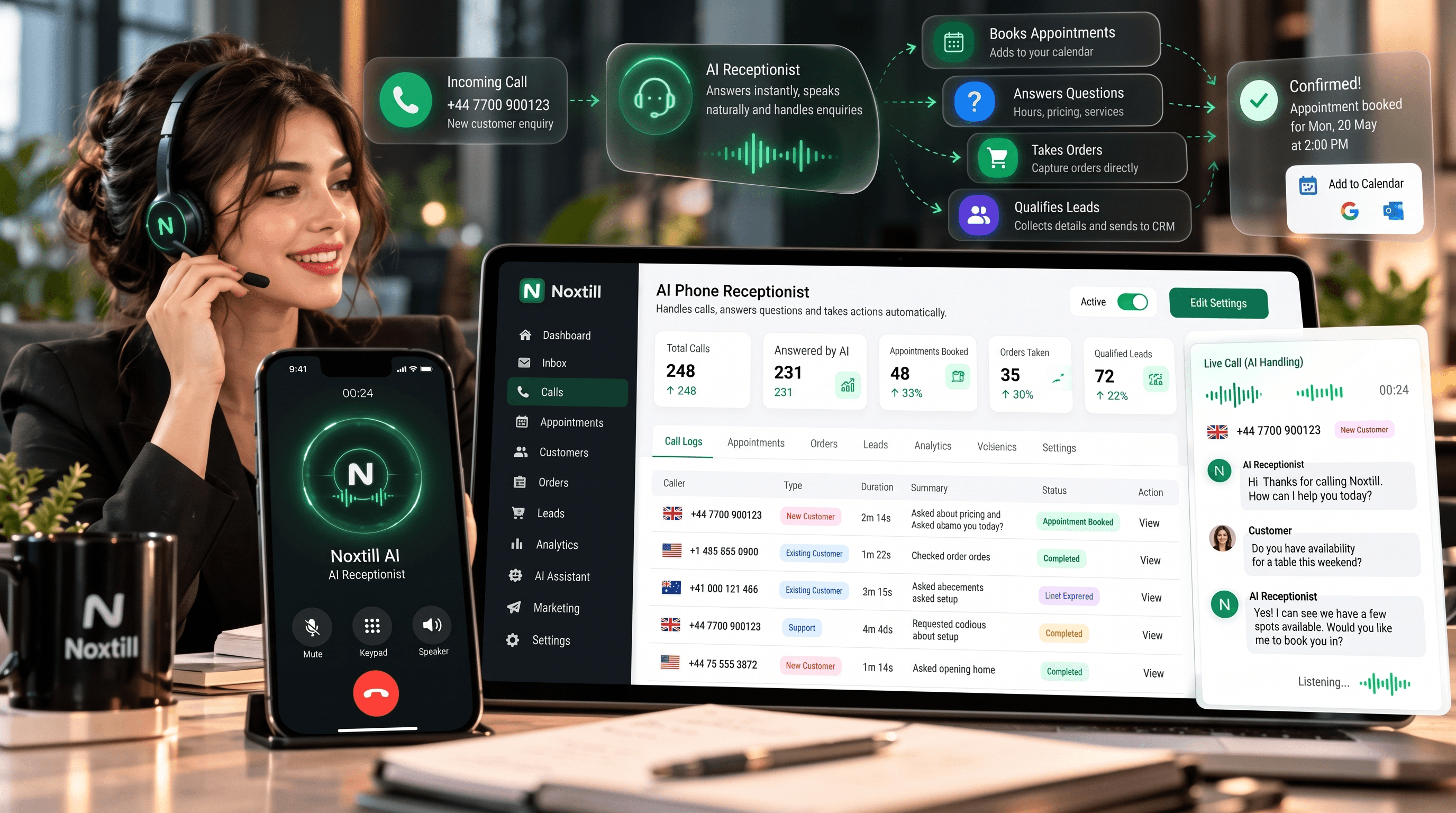 Receptionist with a headset beside Noxtill AI call screens