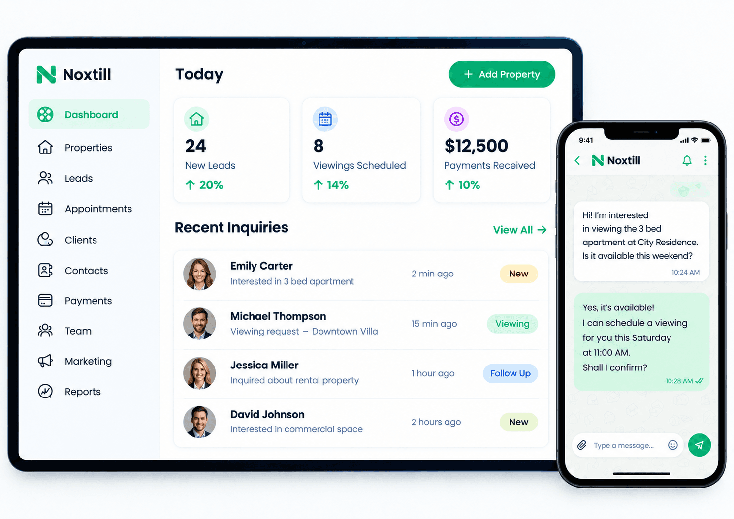 Noxtill dashboard listing new inquiries with a phone conversation