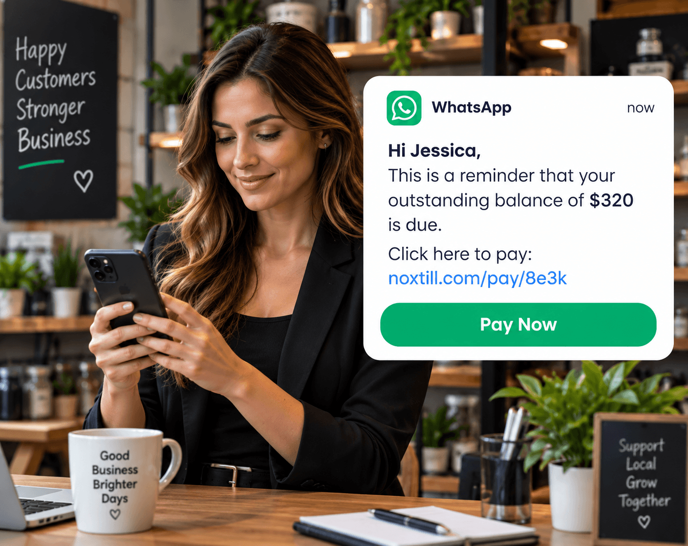 Business owner sending a follow-up from Noxtill on WhatsApp