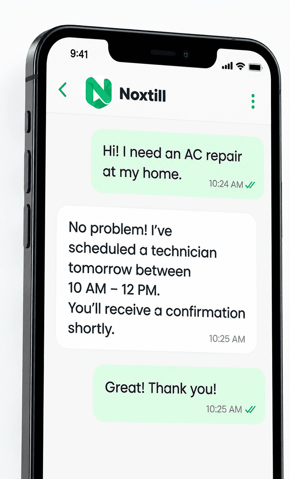 Text message thread confirming a technician visit