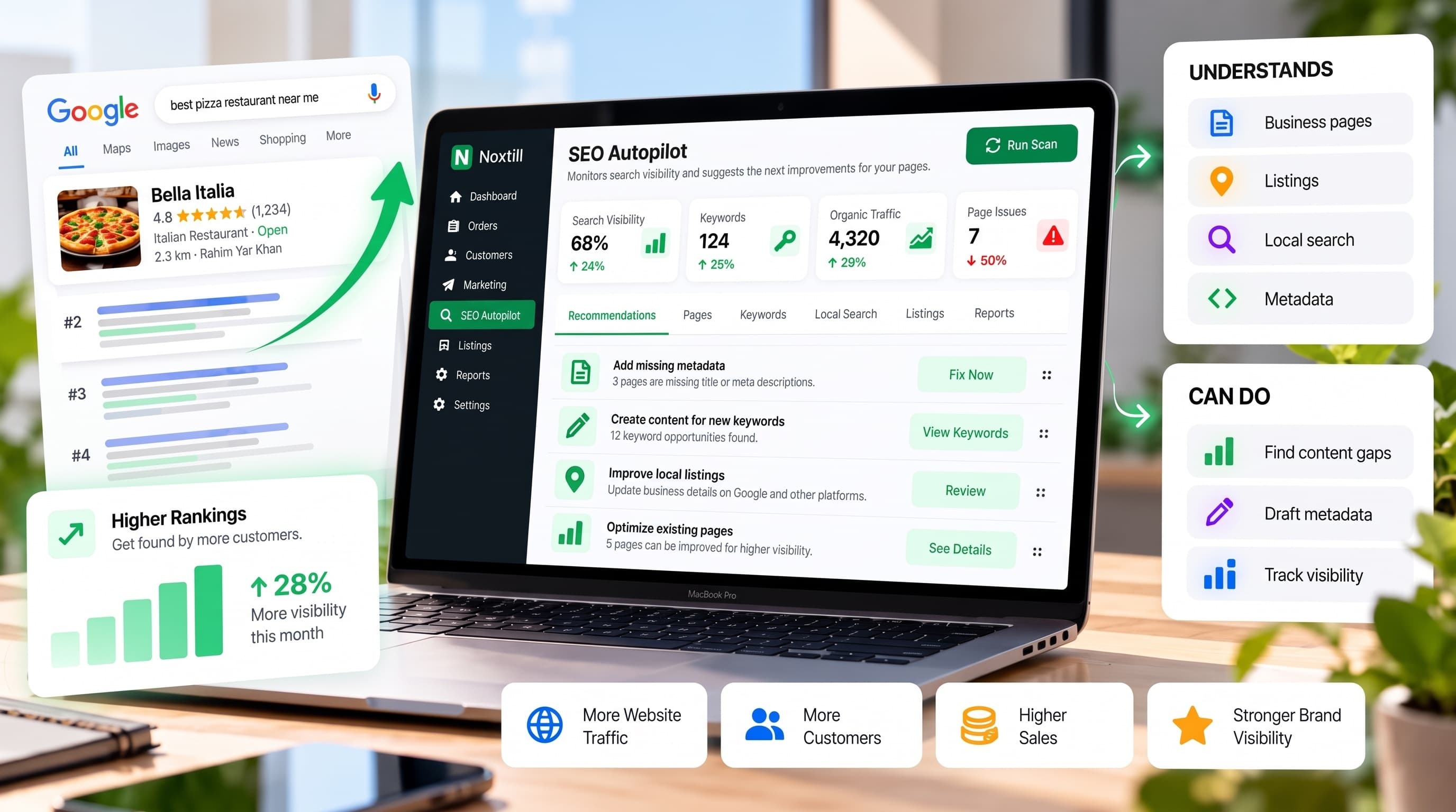 SEO Autopilot with recommendations on a laptop