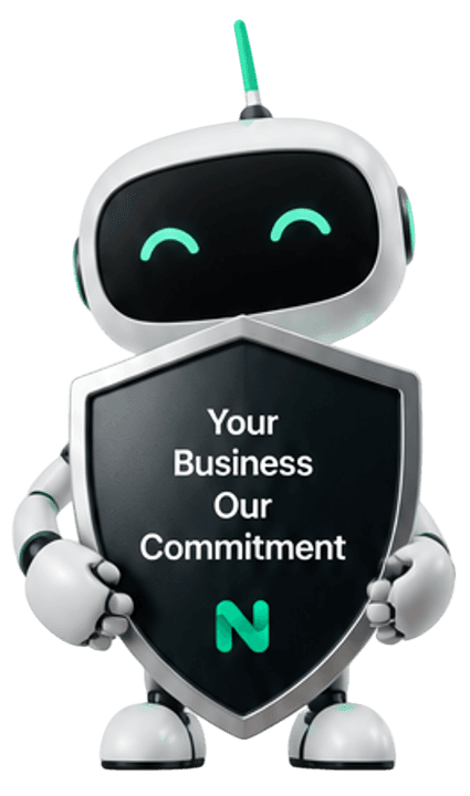 Noxtill AI mascot holding a shield that reads Your Business, Our Commitment