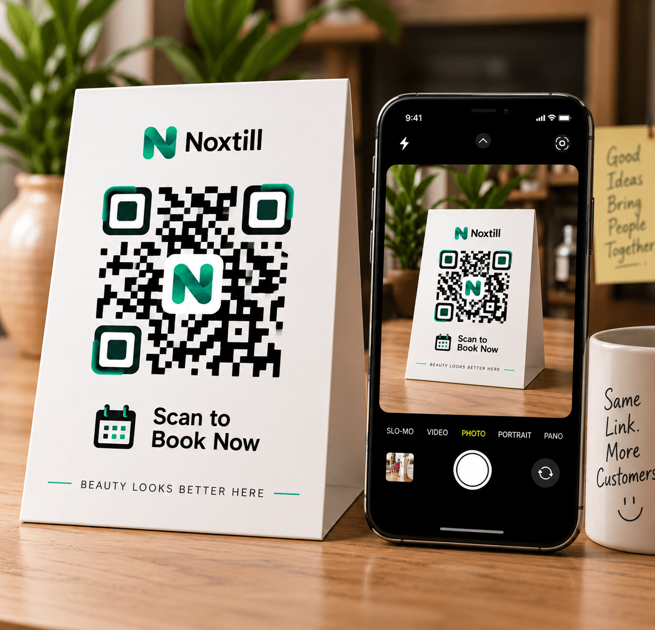 Scan-to-book QR stand on a counter