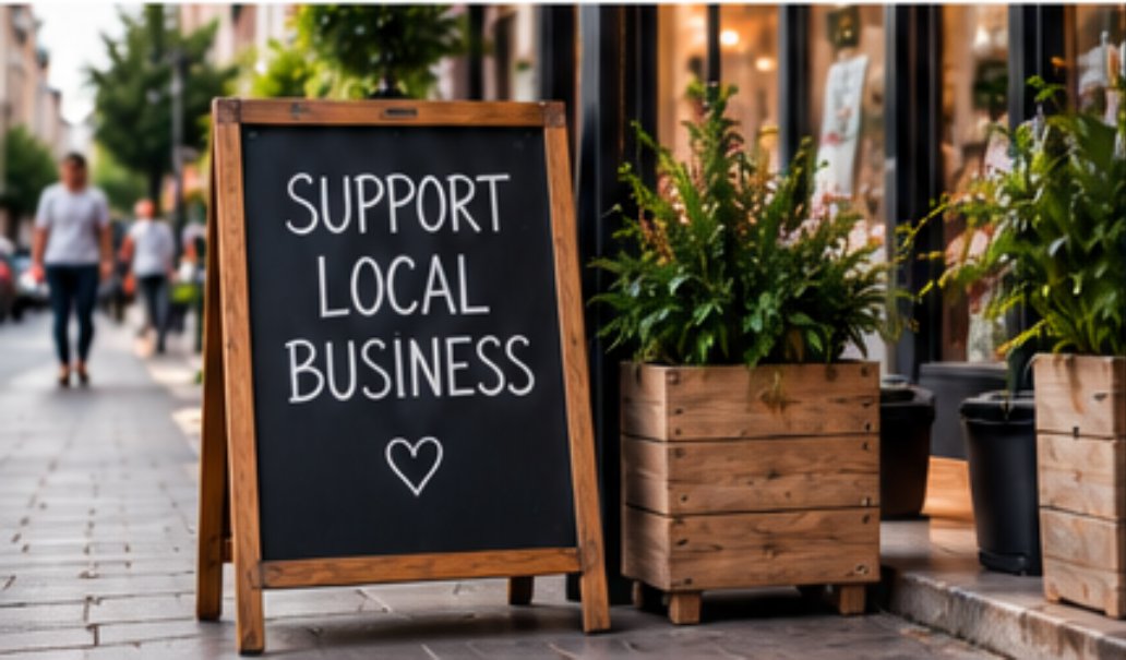 A chalkboard sign outside a shop reading Support Local Business