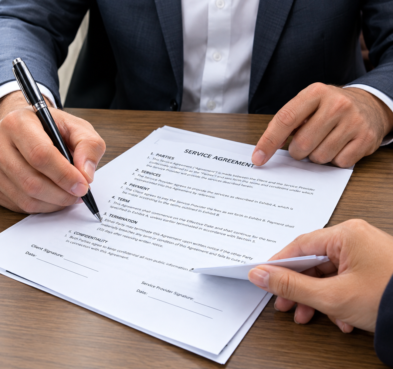 A client signing an approval document