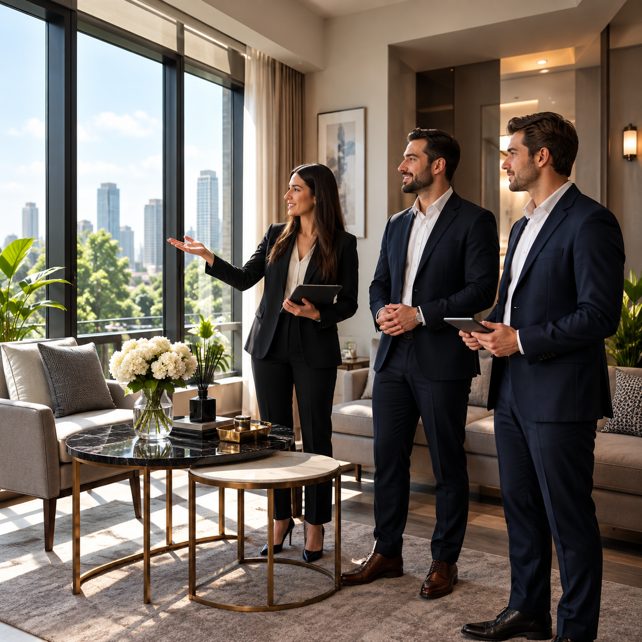 Three colleagues reviewing a plan together in a bright office