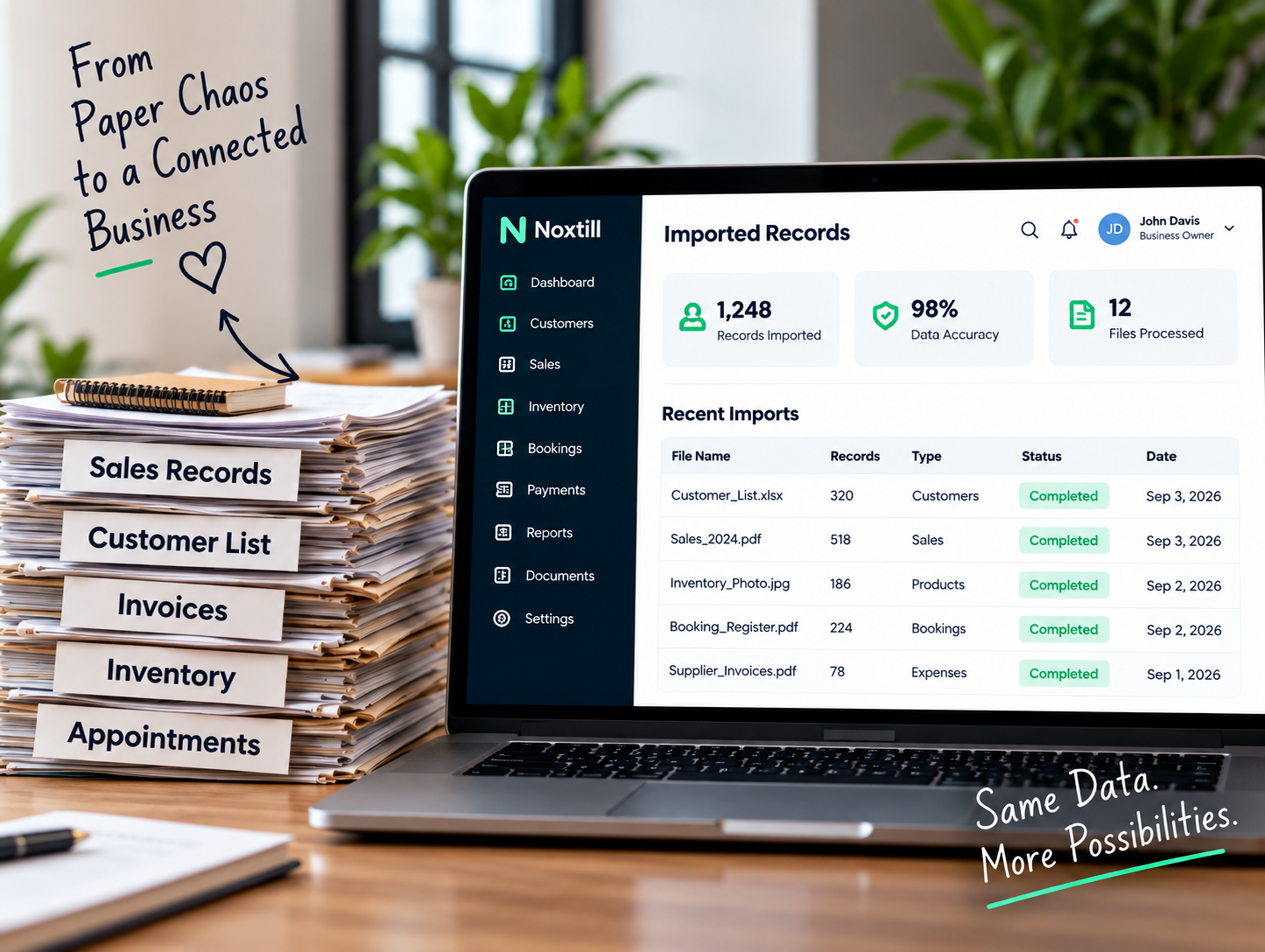Paper records beside a laptop showing the same records in Noxtill
