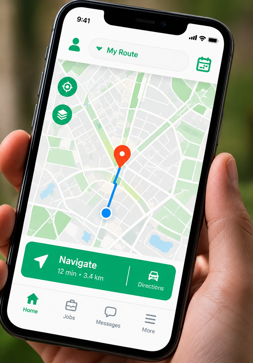 A phone showing a rider's route on a map with a Navigate button
