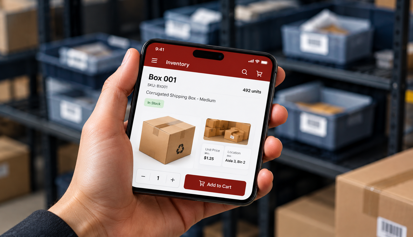 Checking stock on a phone in a storeroom