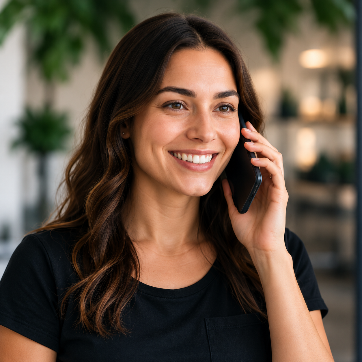 A smiling business owner talking to a customer on the phone