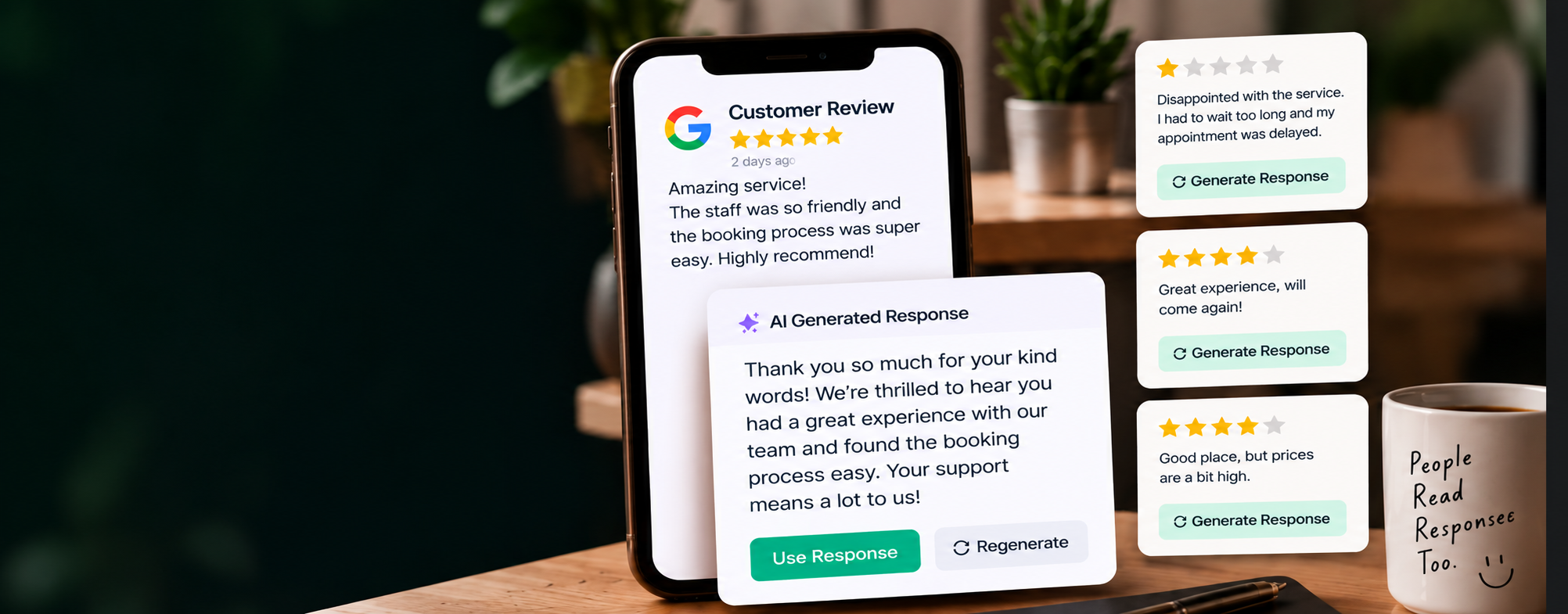 A customer review on a tablet with an AI-generated response beneath it