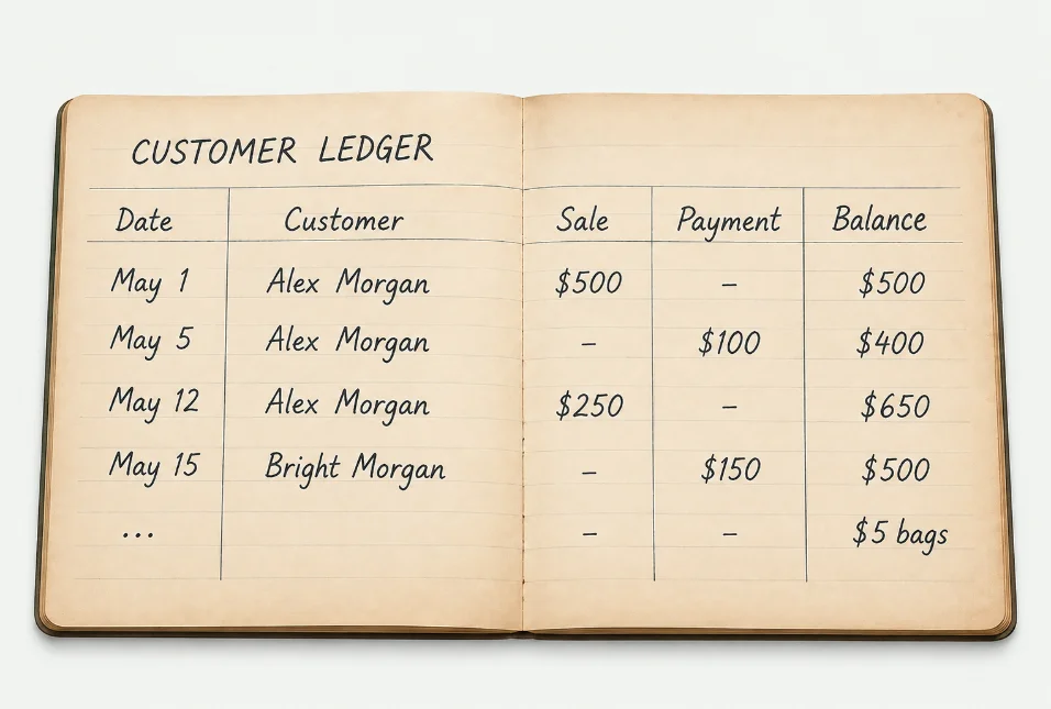 A handwritten customer credit ledger